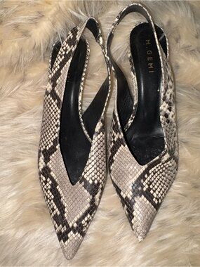 M. Gemi Snake-Print Pointed Slingback Flats in Beige and Black